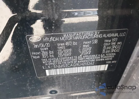 2020 Hyundai Santa Fe Sel z USA, uszkodzony, nr VIN 5NMS3CAD9LH213262